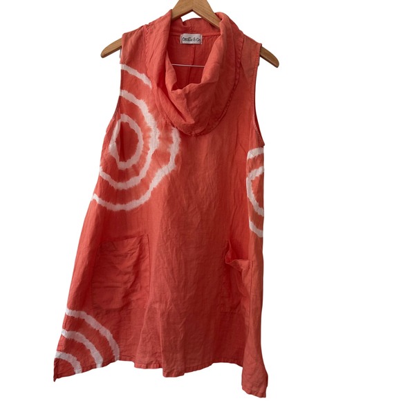 Camille & Co Dresses & Skirts - Camille & Co Artsy Lagenlook Coral Linen Tie Dye Cowl Neck Tunic Dress Pockets